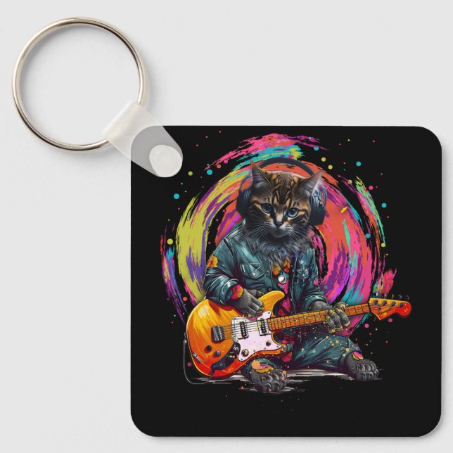 Cat Playing Electric Guitar Rock Heavy Metal Music Keychain (Front)