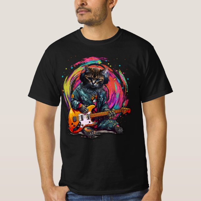Cat Playing Electric Guitar Rock Heavy Metal Music T-Shirt (Front)