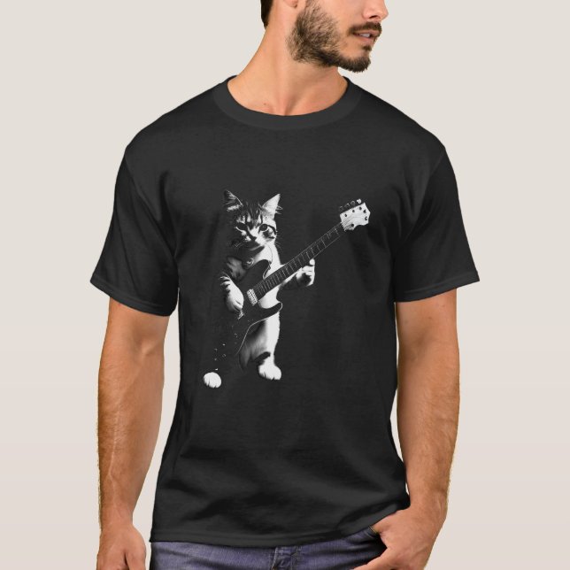 Cat Playing Electric Guitar Rock Music Funny Humor T-Shirt (Front)