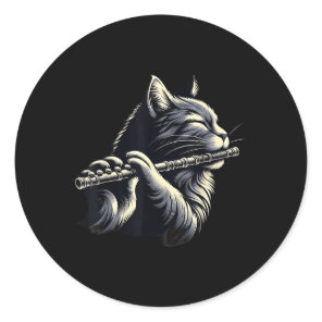 Cat Playing Flute Musician Cats Lover  Classic Round Sticker