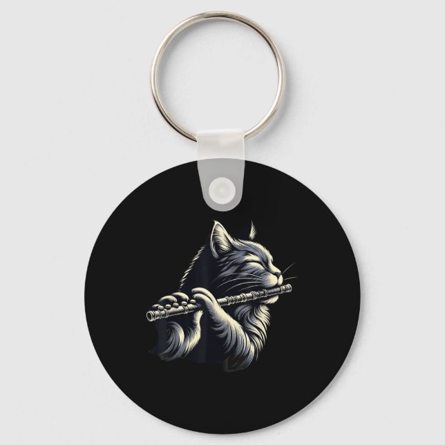 Cat Playing Flute Musician Cats Lover  Keychain (Front)