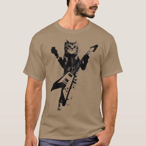 Cat Playing Flying V Guitar Musician Cat Lover T_Shirt