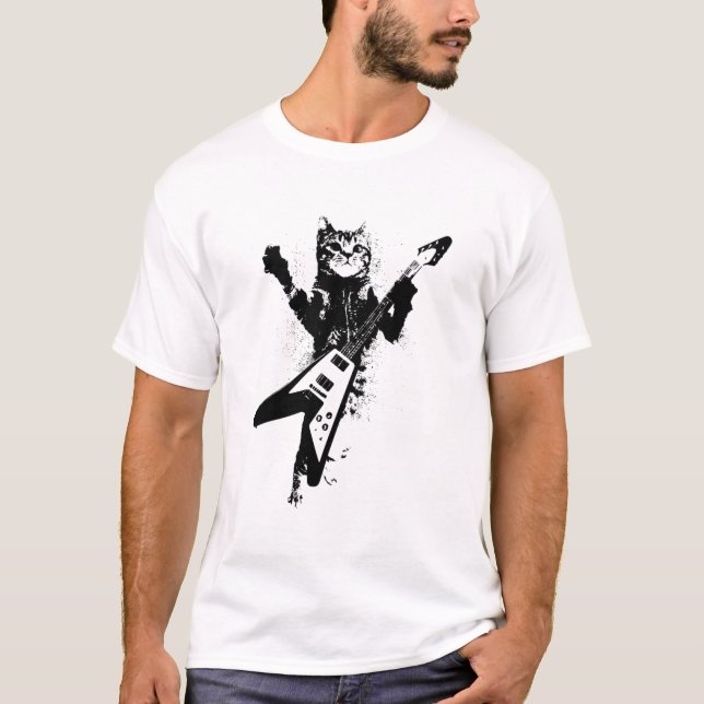 Cat Playing Flying V Guitar Musician Cat Lover T-Shirt (Front)