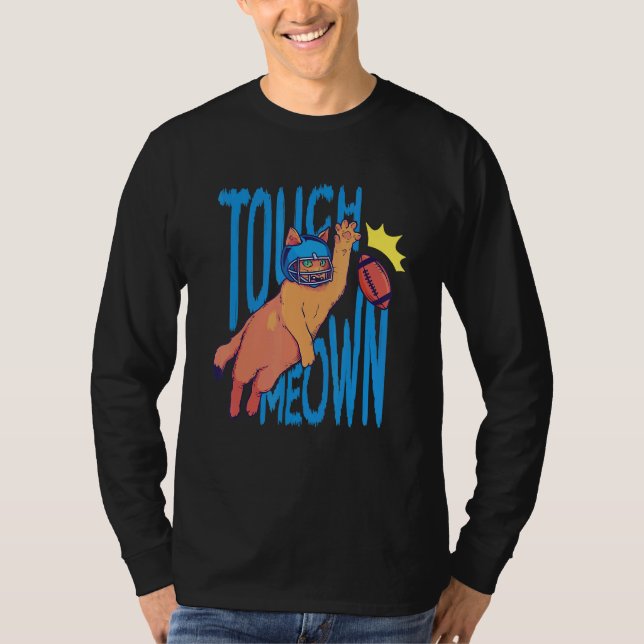 Cat Playing Football Touchdown Meown Graphic Crewn T-Shirt (Front)