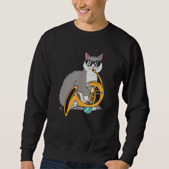 Cat Playing French Horn Playing Music Black Glasse Sweatshirt (Front)