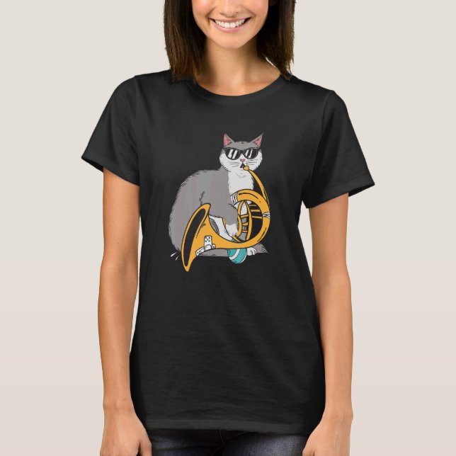 Cat Playing French Horn Playing Music Black Glasse T-Shirt (Front)