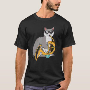 Cat Playing French Horn Playing Music Black Glasse T-Shirt