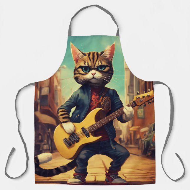 CAT PLAYING GUITAR FUNNY KITCHEN APRONS (Front)