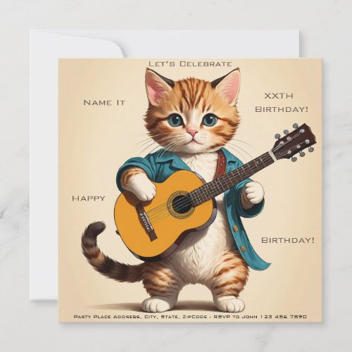 Cat Playing Guitar Musicians Birthday Celebration Invitation