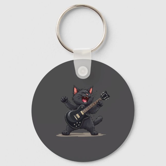 Cat Playing Guitar Rock And Roll Rock Star Funny  Keychain (Front)