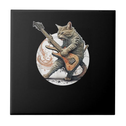 Cat Playing Guitar  Rock Cat  Heavy Metal Cat  Mus Ceramic Tile