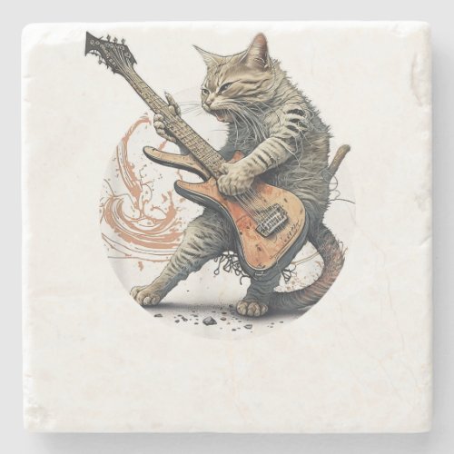 Cat Playing Guitar  Rock Cat  Heavy Metal Cat  Mus Stone Coaster