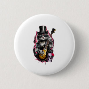 Cat Playing Guitar Rock & Roll 80s 90s Rock Band C Button