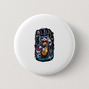 Cat Playing Guitar Rock & Roll 80s 90s Rock Band C Button