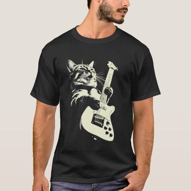 Cat Playing Guitar Rock Star Rock and Roll design T-Shirt (Front)