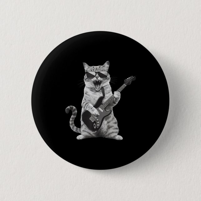 Cat Playing Guitar Rock Star Rock And Roll Men Wom Button (Front)