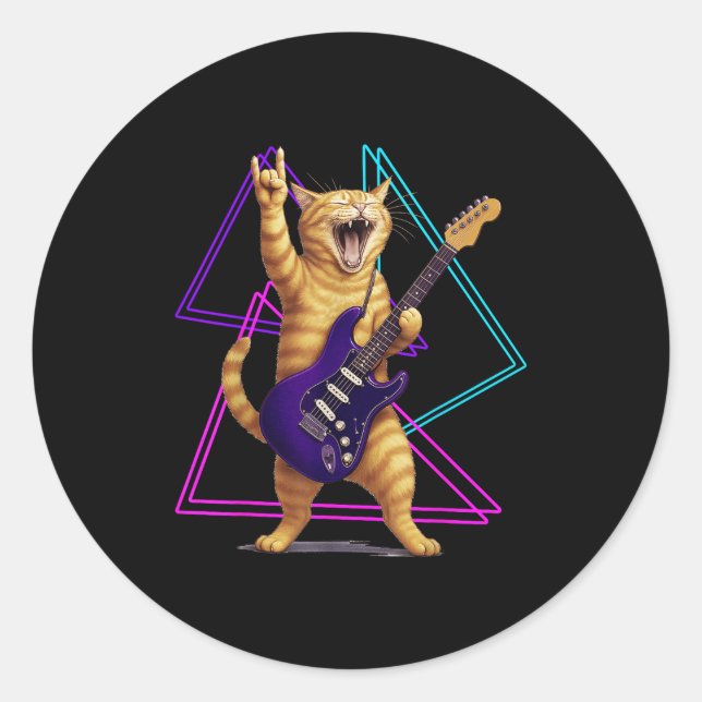 Cat Playing Guitar Rock Star Rock And Roll Men Wom Classic Round Sticker (Front)