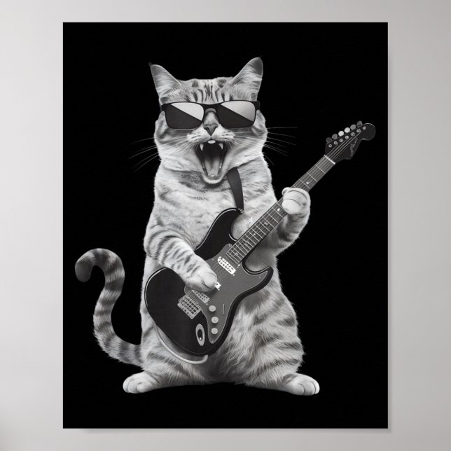 Cat Playing Guitar Rock Star Rock And Roll Men Wom Poster (Front)
