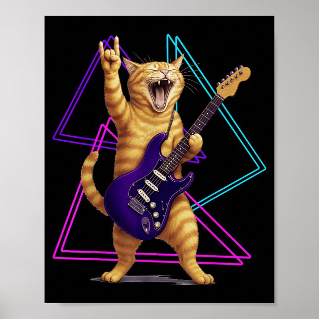 Cat Playing Guitar Rock Star Rock And Roll Men Wom Poster (Front)