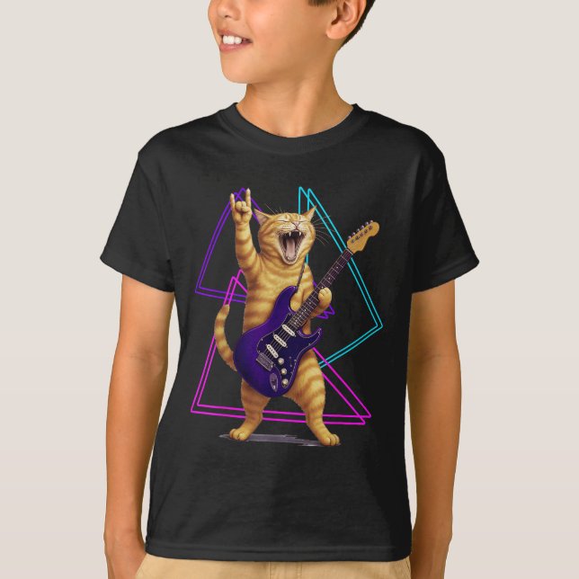 Cat Playing Guitar Rock Star Rock And Roll Men Wom T-Shirt (Front)