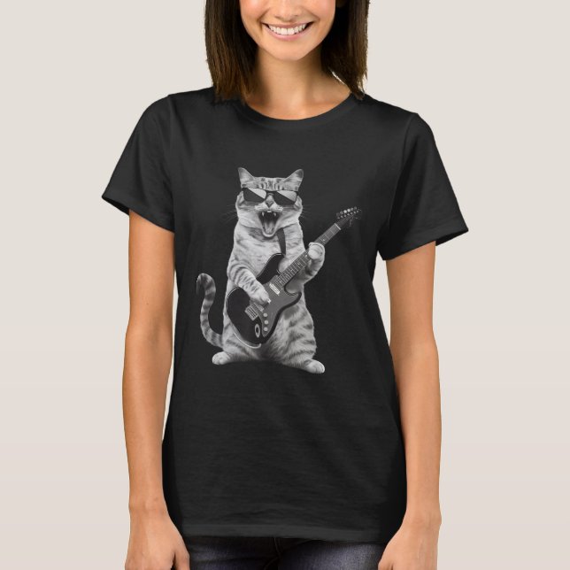 Cat Playing Guitar Rock Star Rock And Roll Men Wom T-Shirt (Front)