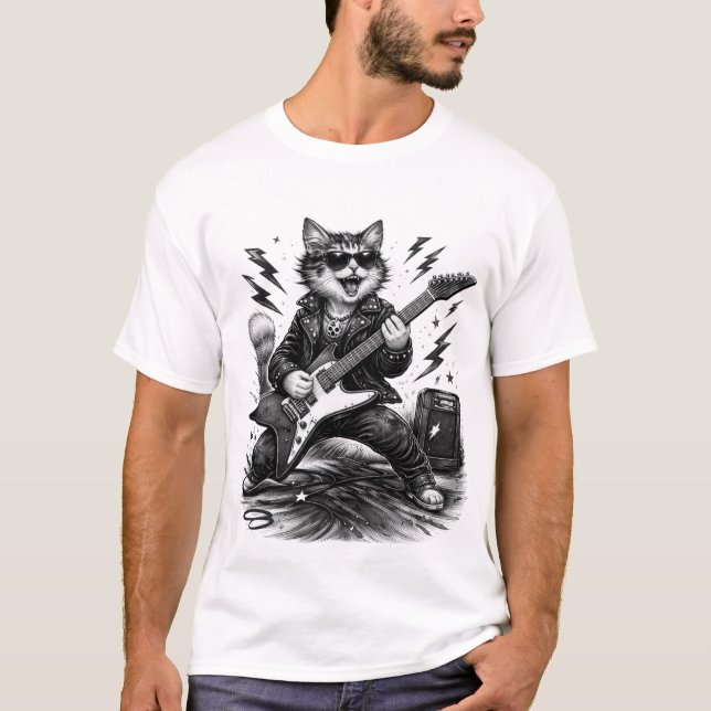 Cat Playing Guitar T-Shirt Funny Music Lover Tee (Front)