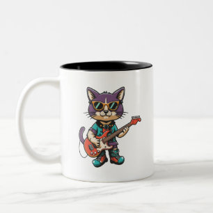 Cat playing guitar Two-Tone coffee mug