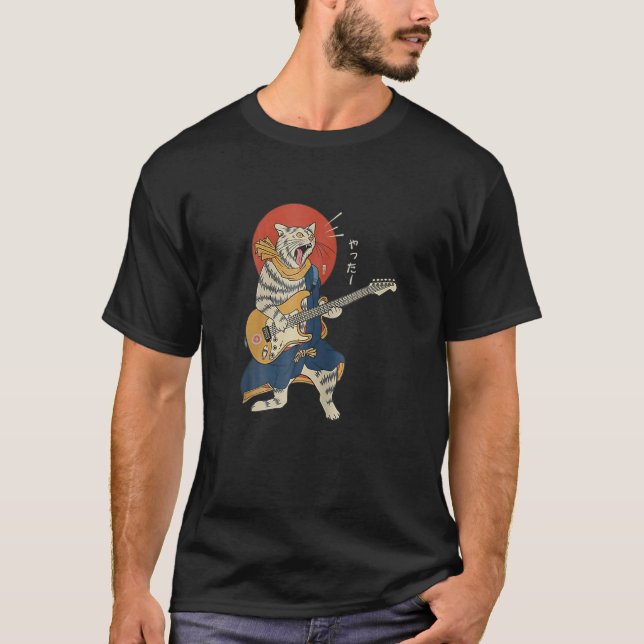 Cat Playing Guitar Ukiyo E Samurai Japanese Warrio T-Shirt (Front)