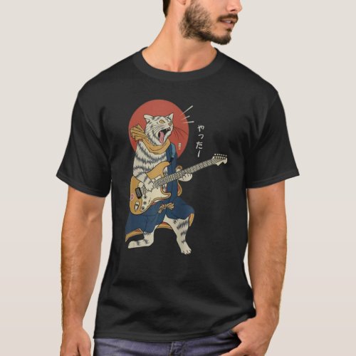 Cat Playing Guitar Ukiyo E Samurai Japanese Warrio T_Shirt