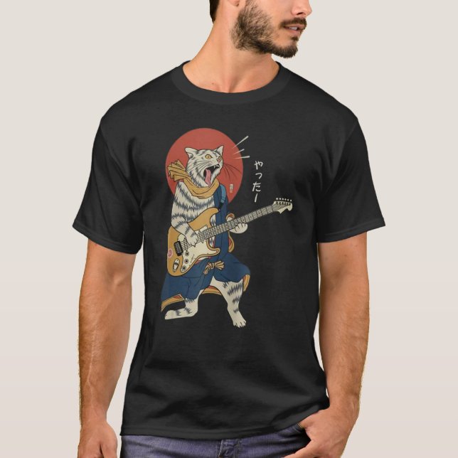 Cat Playing Guitar Ukiyo E Samurai Japanese Warrio T-Shirt (Front)