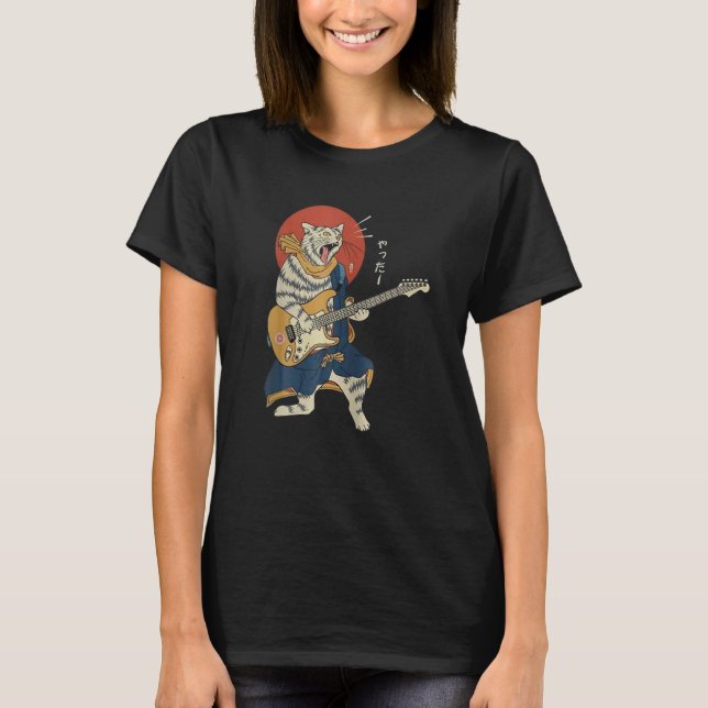 Cat Playing Guitar Ukiyo E Samurai Japanese Warrio T-Shirt (Front)
