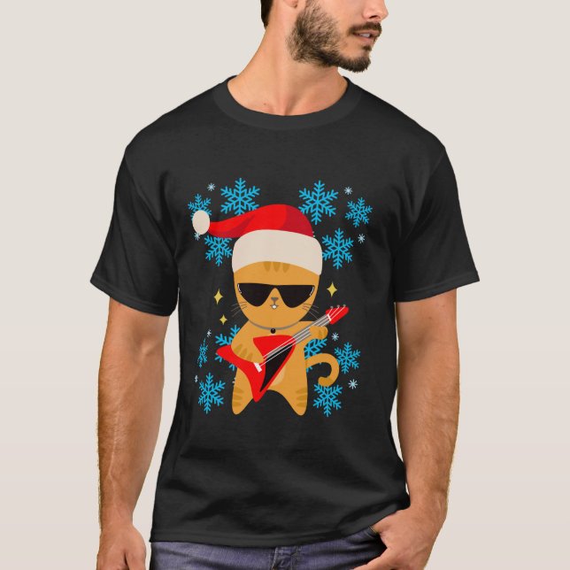 Cat Playing Guitar With Sunglasses Santa Hat Chris T-Shirt (Front)