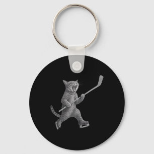 Cat Playing Ice Hockey Stick Funny Skating Cat Keychain