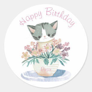 Cat Playing In Flowers Daughters Birthday Name Classic Round Sticker