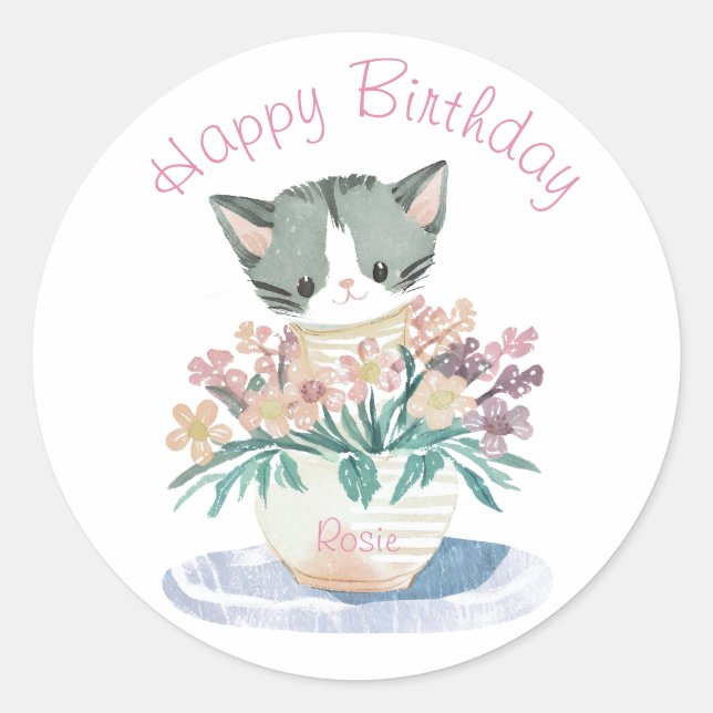 Cat Playing In Flowers | Daughters Birthday Name Classic Round Sticker (Front)