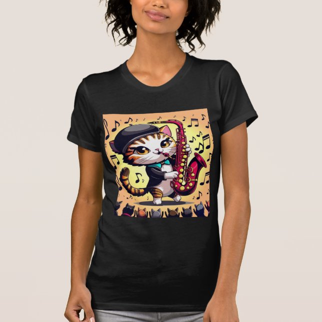 Cat playing Jazz music on Saxophone  T-Shirt (Front)