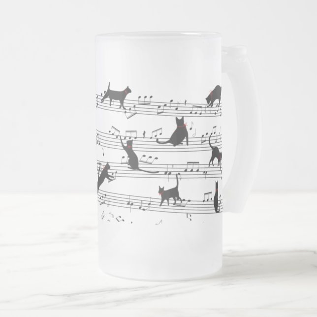 Cat Playing Note Music, Cat Music, Black Cat Gift Frosted Glass Beer Mug (Front Right)