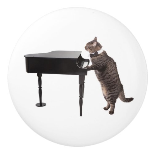 Cat Playing Piano Ceramic Knob