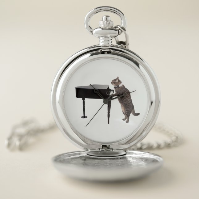 Cat Playing Piano Pocket Watch (Inside)