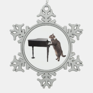 Cat Playing Piano Snowflake Pewter Christmas Ornament