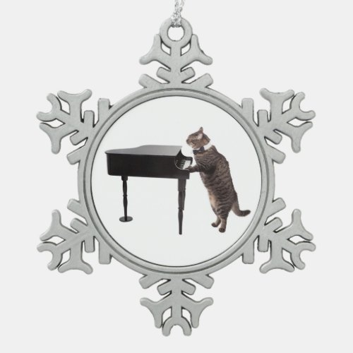 Cat Playing Piano Snowflake Pewter Christmas Ornament