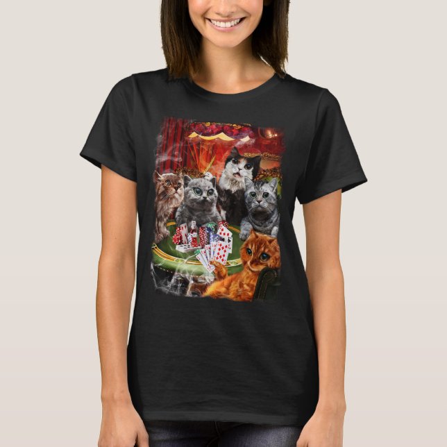 Cat Playing Poker Cards T-Shirt (Front)