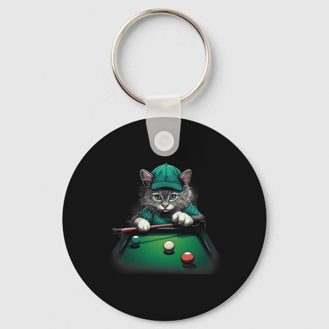 Cat Playing Pool Billiards Cool Funny Cats  Keychain (Front)