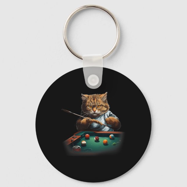 Cat Playing Pool Billiards Cool Funny Cats Men Wom Keychain (Front)