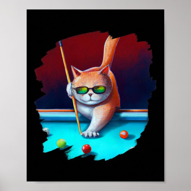 Cat Playing Pool Billiards In Lounge Cool Funny Ca Poster (Front)