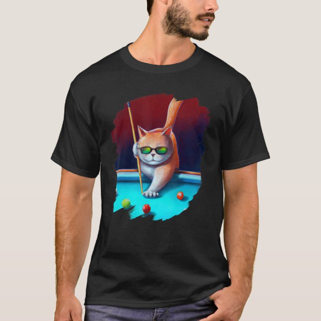Cat Playing Pool Billiards in Lounge Cool Funny Ca T-Shirt (Front)