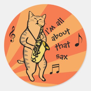 Cat Playing Saxophone Classic Round Sticker by DippyDoodle at Zazzle