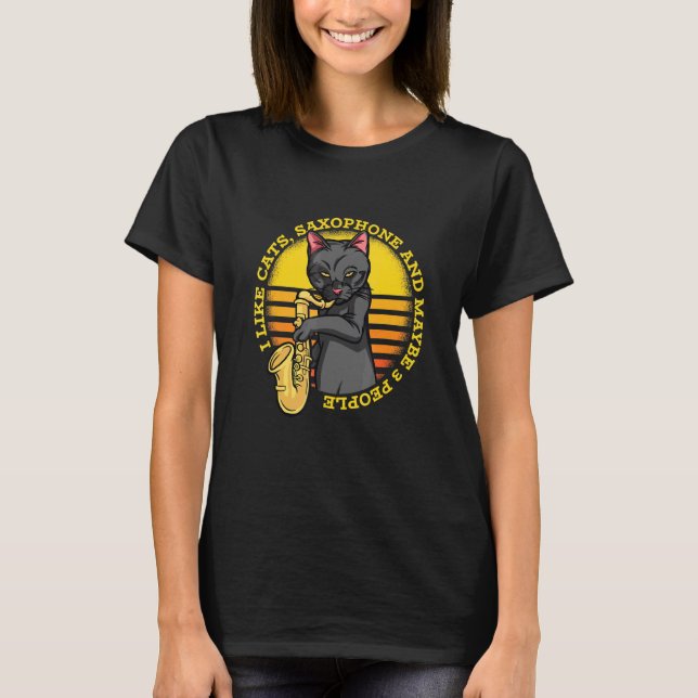 Cat Playing Saxophone Retro Sunset Animal T-Shirt (Front)