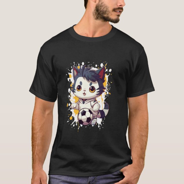 Cat Playing Soccer Cute Comic T-Shirt (Front)