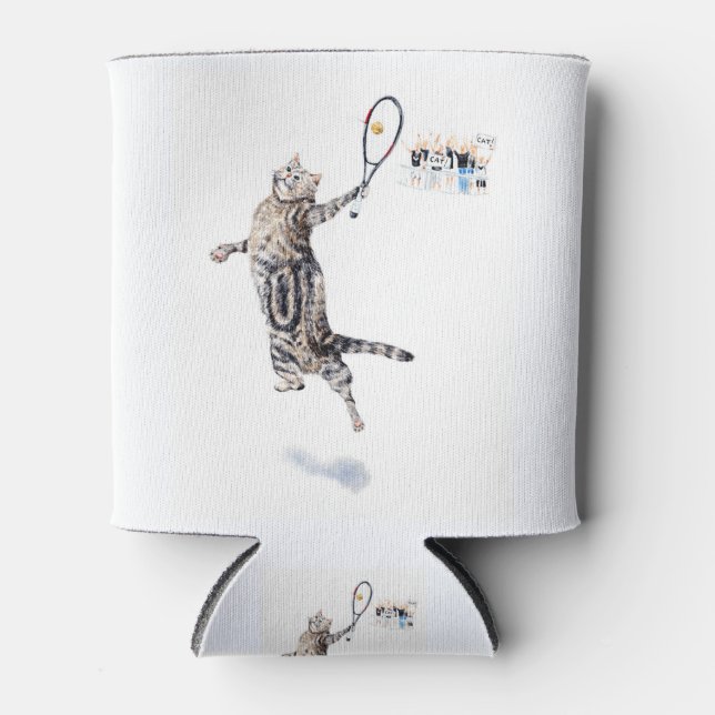 Cat Playing Tennis Can Cooler (Front)